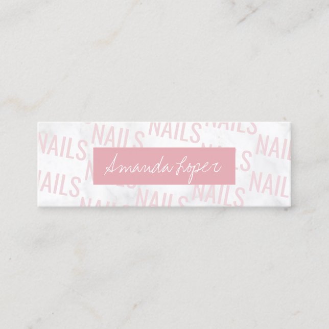 Modern söt, vit marmor och rosa nagel mini visitkort (Framsida)