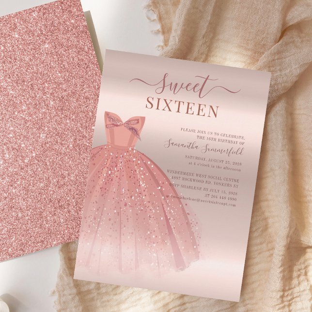 Modern sötad 16-bitars födelsedag inbjudningar (Sweet 16 Rose Gold Glitter Dress Birthday Party Invitation)