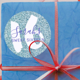 Modern sötad 16 blå Glitter-födelsedag Runt Klistermärke