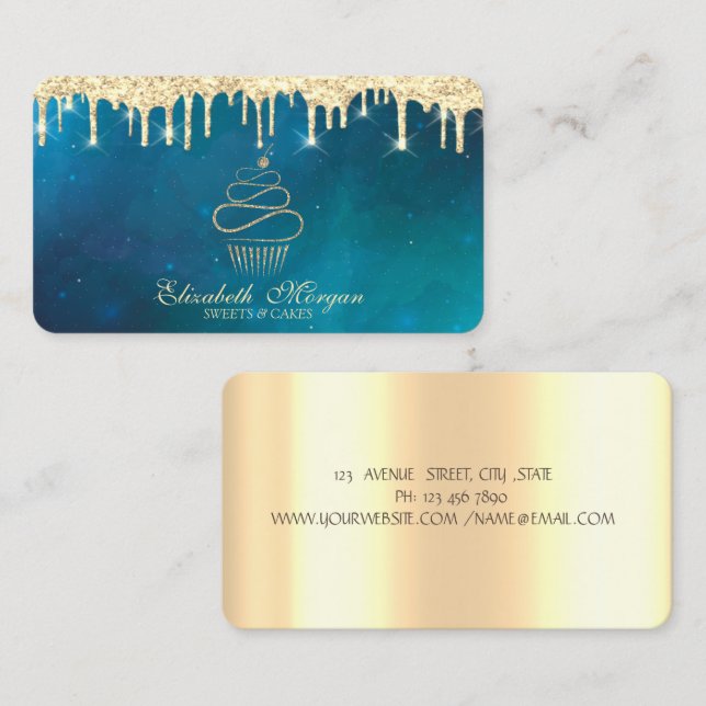 Modern sötsaker Cuptårta Guld Drivrutiner för kokn Visitkort (Fram/baksida)