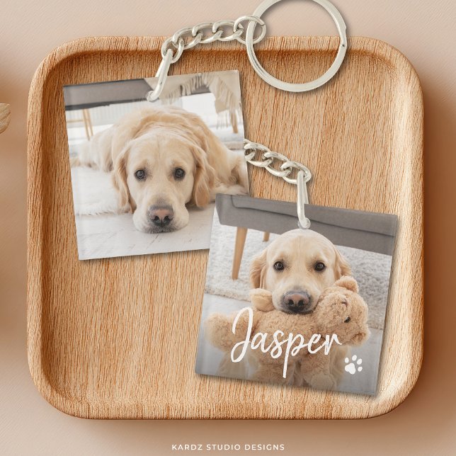 Modern Sött Husdjur Namn Två Foto (Squared acrylic keychain shown, personalize with two photos and your pet's name.)