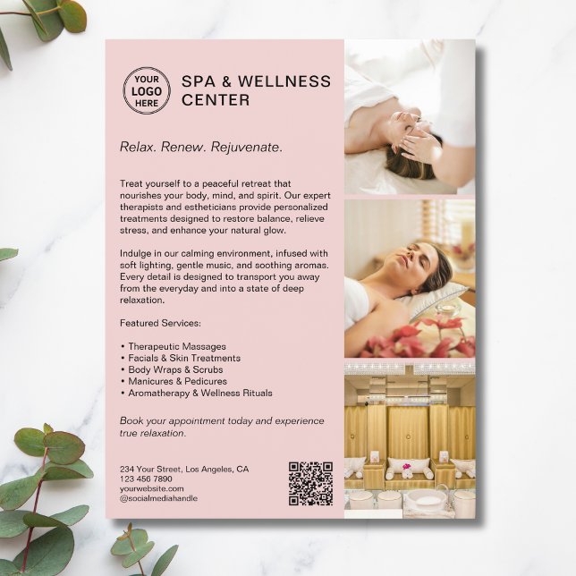 Modern Spa Välbefinnande Rosa Reklamföretag Reklamblad (Modern Spa Wellness Pink Promotional Business Flyer)