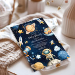 Modern Space Outer Galaxy Baby Shower Inbjudningar<br><div class="desc">Bläddra in i firande med vår inbjudan till rymden för yttre babyskor. Perfekt för blivande föräldrar som är på väg över måne om sin lilla inbjudan, denna känsloladdade inbjudan har en drömmande marin blå bakgrund med gnistrande stjärnor, planeter och en charmerande raketdesign för frakten. Funktioner: Elegant Design: En sofistikerad marinpalett...</div>