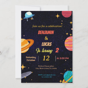 Modern Space twillingar-pojken födelsedagsfest inb Inbjudningar