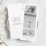 Modern Spara datum Foto-remsa Datumet<br><div class="desc">Denna eleganta vita bröllops-"save the date" har en sofistikerad design som innehåller en slående svart-vit fotoremsa, vilket gör att par kan visa upp tre älskade bilder. Med en perfekt blandning av stil och känsla fungerar denna inbjudan som ett vackert meddelande om att "spara datumet", och inbjuder gästerna att dela i...</div>