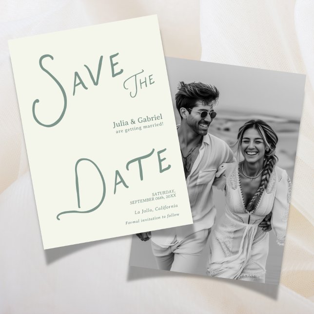 Modern Spara Datum Foto Sage Grön Inbjudningar (Modern Save The Date Photo sage green Invitation)