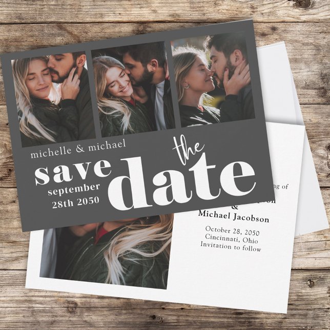 Modern Spara datummultifoto Datumet (Double-sided four photo layout wedding save the date template)