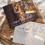 Modern Spara det vita handskrivna fotot för datum Vykort<br><div class="desc">Handskrivna Bröllop spara datum-kort som har ett foto på framsidan och baksidan. Korten Save the Date Fall,  Autumn,  Winter,  Vår eller Summer innehåller en modern handskriven typografi med kursiva skript som är elegant,  enkel och modern till använda efter att du har minimalistisk enkel bröllopsdag firande.</div>