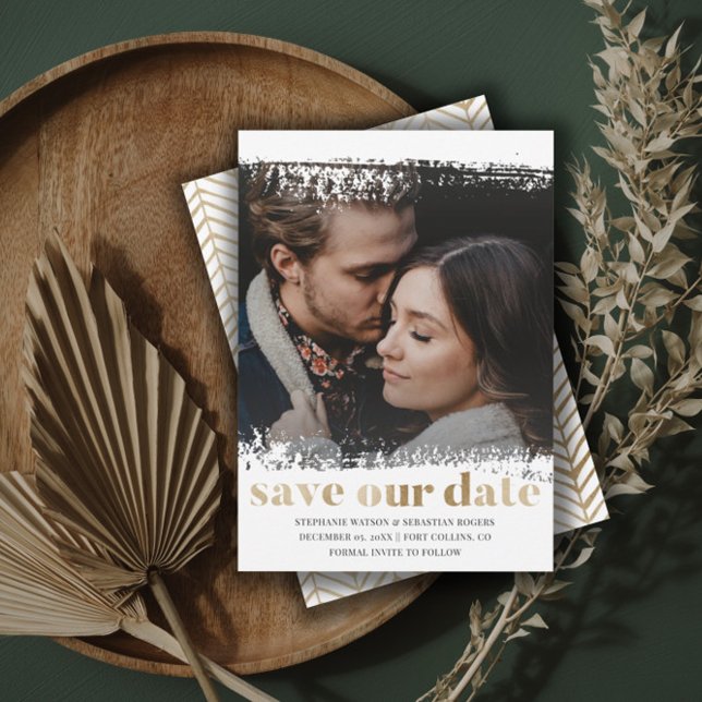 Modern Spara vårt datumfoto Guld & White Inbjudningar (Skapare uppladdad)