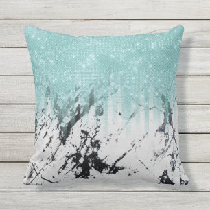Modern Sparkly Aqua White Marble Glitter-övertonin Kudde