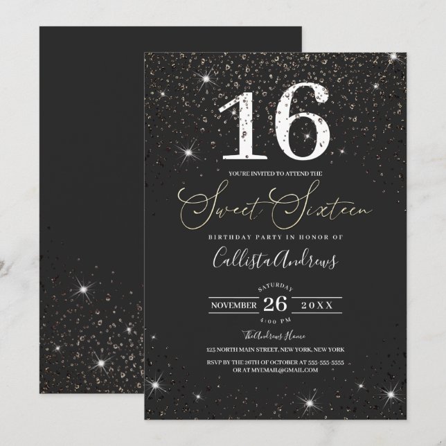 Modern Sparkly Black Glitter Confetti Sweet 16 Inbjudningar (Fram/baksida)