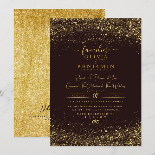 Modern Sparkly Guld Glitter Foil Chic Bröllop Inbjudningar (Fram/baksida)