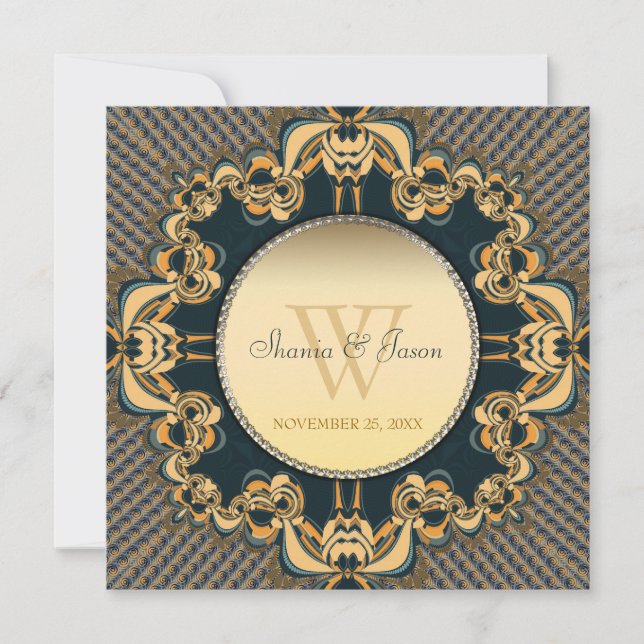 Modern spetsmonogram teal guld bröllopsinbjudan inbjudningar (Framsida)