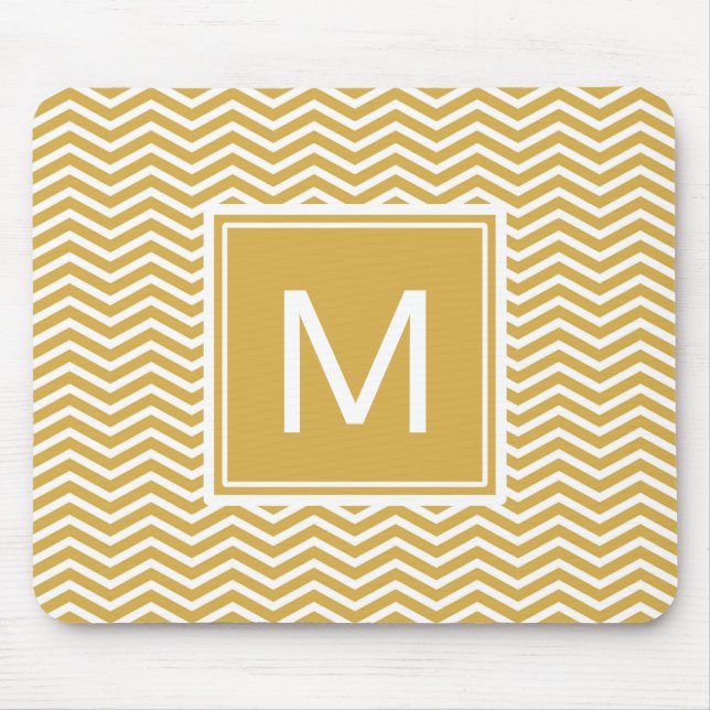 Modern Spicy Mustard Gult Chevrons och Monogram Musmatta (Framsidan)