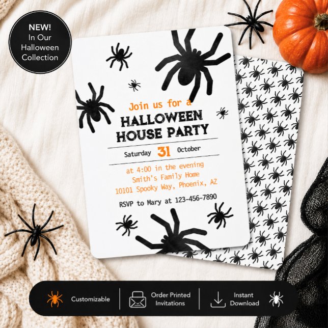Modern spindel Halloween-fest inbjudan (Modern spider Halloween invitation with printed and instant download options for spooky celebrations)