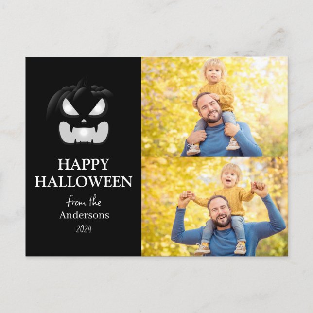 Modern Spooky Pumpkin Script Halloween Photo Helg Vykort (Framsida)