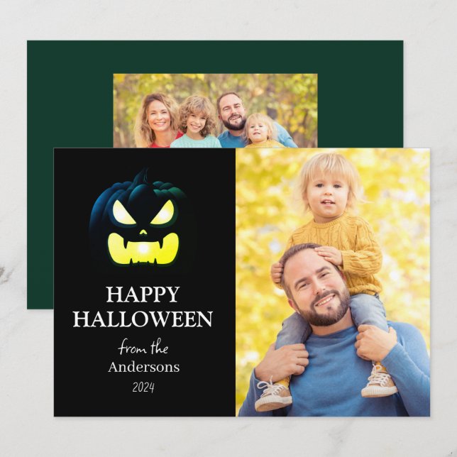 Modern Spooky Pumpkin Script Halloween Photo Julkort (Fram/baksida)