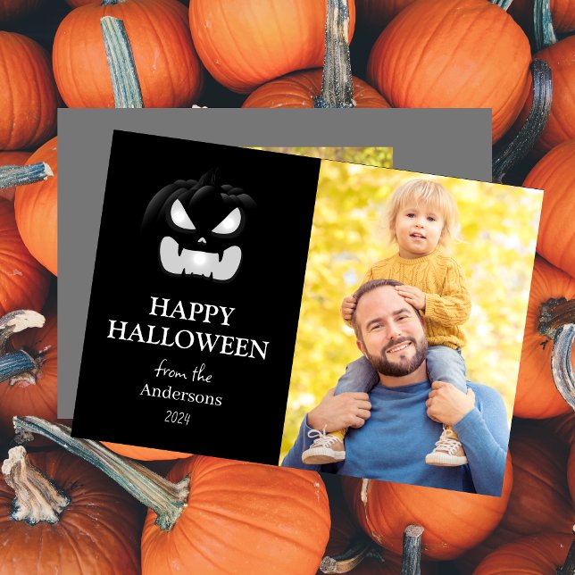 Modern Spooky Pumpkin Script Halloween Photo Julkort (Skapare uppladdad)