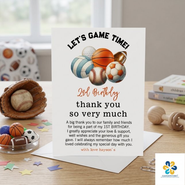 Modern Sports Barn 2-årsdag  Tack Kort (Modern Sports Kids 2nd Birthday Thank You Card)