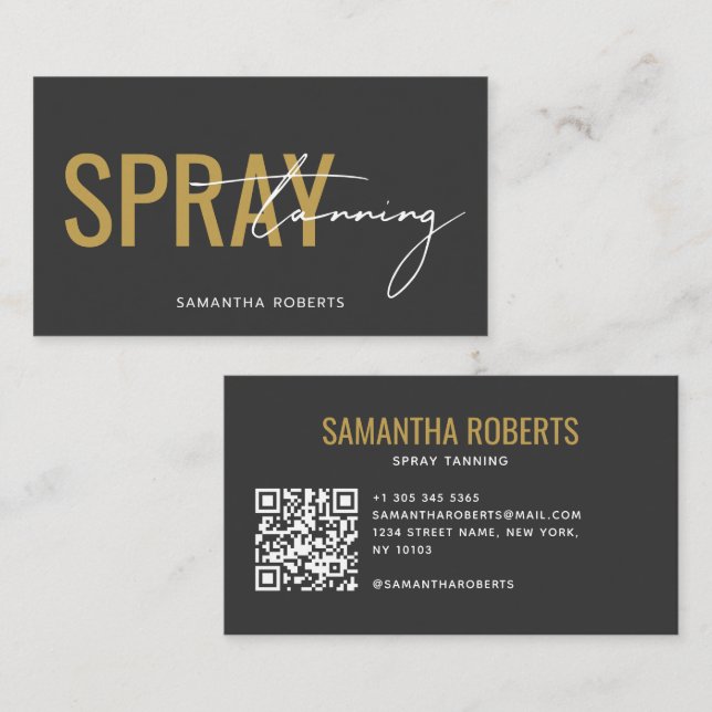 Modern spraytan QR-kod grå guld Visitkort (Fram/baksida)