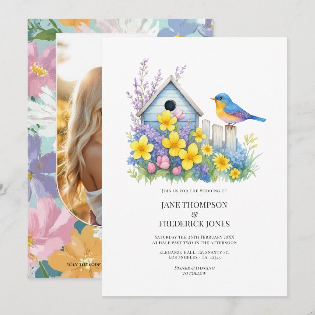 Modern Spring Floral Wedding Photo and QR Code Inbjudningar (Fram/baksida)