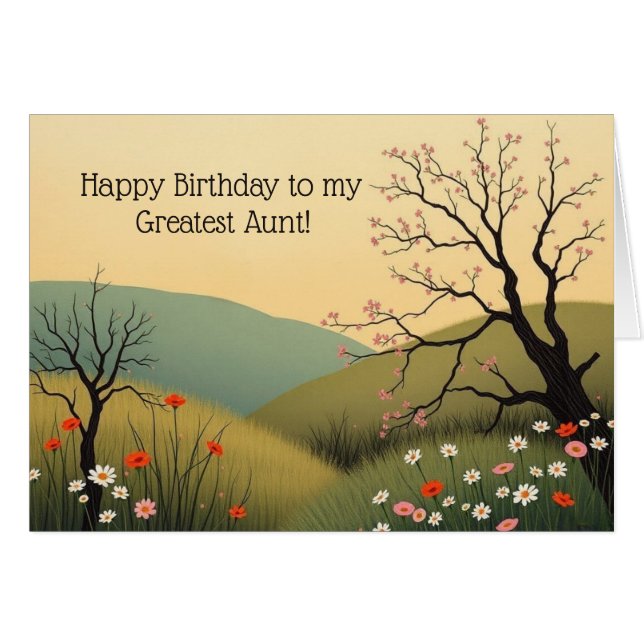 Modern Spring Meadow Birthday Card for Great Aunt Hälsningskort (Framsidan Horizontal)