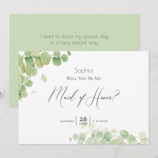 Modern Springtime Eucalyptus Maid of honor Inbjudningar (Fram/baksida)