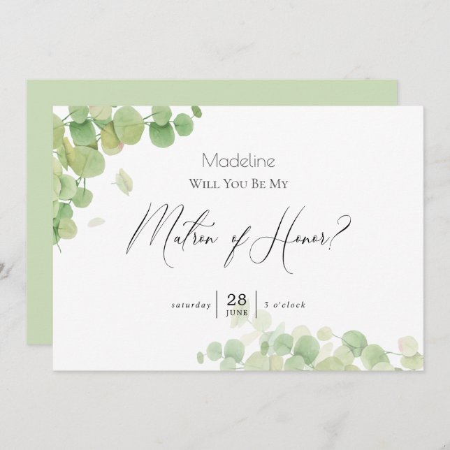 Modern Springtime Eucalyptus Matron of Honor Inbjudningar (Fram/baksida)