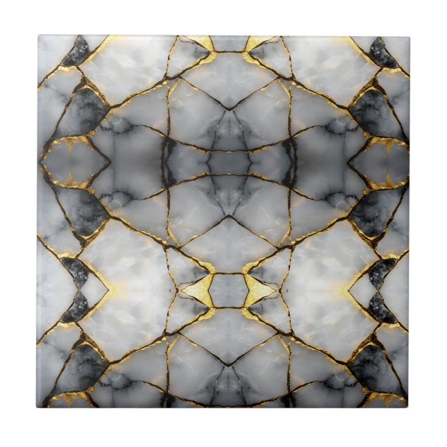 Modern sprucken guld vit & svart marmor kakelplatta (Framsidan)