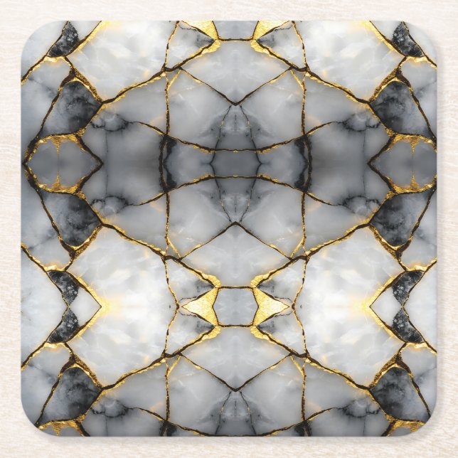 Modern sprucken guld vit & svart marmor underlägg papper kvadrat (Framsidan)
