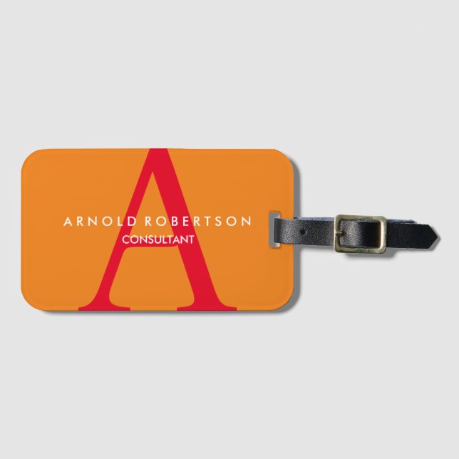 Modern Square Monogram Trendig Orange Red Bagagebricka (Framsida horisontal)