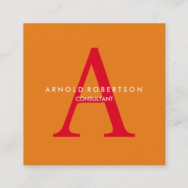Modern Square Monogram Trendig Orange Red Fyrkantigt Visitkort (Framsida)