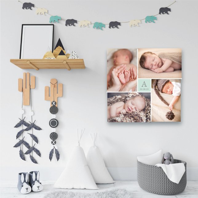 Modern Square Pojke Monogram 4 Photo Collage Canvastryck (Modern Aqua Blue Square Baby Boy Monogram 4 Photo Collage Canvas Print @ fatfatin_box)