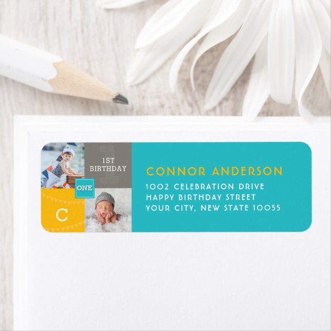 Modern Square Sketch ONE Boy Photo Födelsedagsfest Returadress Etikett (Insitu)
