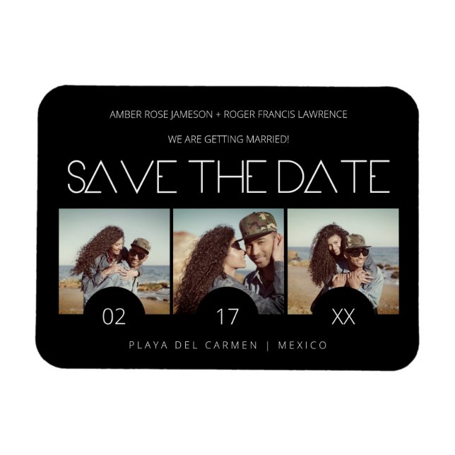 Modern Sript Elegant Romantic Three Photos Engated Magnet (Horisontell)