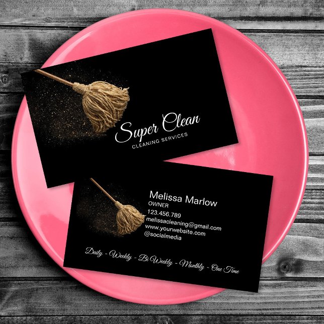 Modern Städfirma för Hemmet Visitkort (Modern Professional House Cleaning Housekeeping Business Card with gold mop)