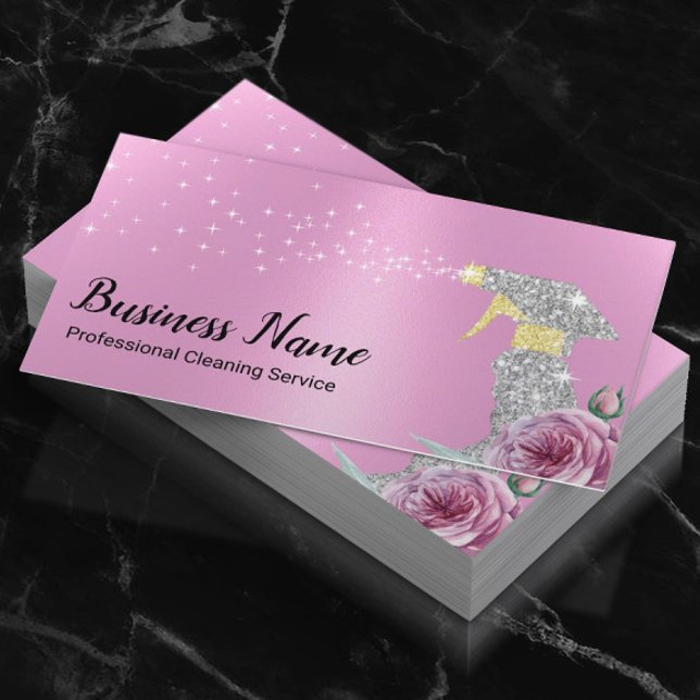 Modern Städning Service Silver Spray Girly Rosa Visitkort (Skapare uppladdad)