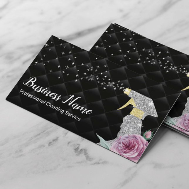 Modern Städning tjänst Silver Spray Luxury Black Visitkort (Skapare uppladdad)