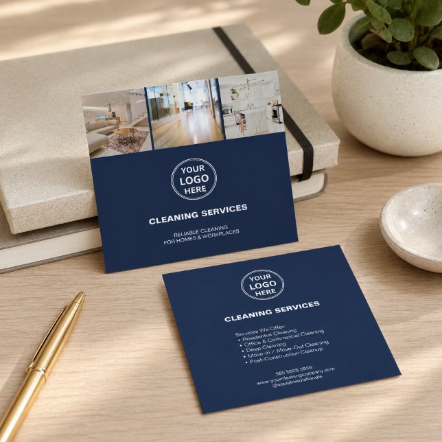 Modern städtjänst Foto Logotyp Marinblå Fyrkantigt Visitkort (Modern Cleaning Services Photo Logo Navy Blue Square Business Card)