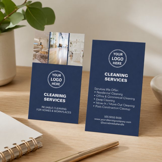 Modern städtjänst Foto Logotyp Marinblå Visitkort (Modern Cleaning Services Photo Logo Navy Blue Business Card)