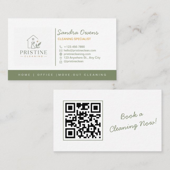 Modern städtjänst Sage Green minimalistisk QR  Visitkort (Fram/baksida)