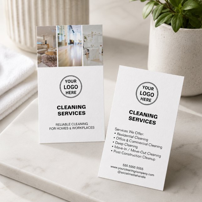Modern Städtjänster Foto Logotyp Vit Visitkort (Modern Cleaning Services Photo Logo White Business Card)