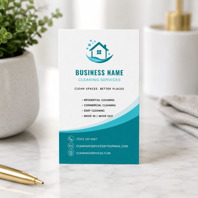 Modern Städtjänster Professionell Logo Teal Visitkort (Modern Cleaning Services Professional Logo Teal Business Card)