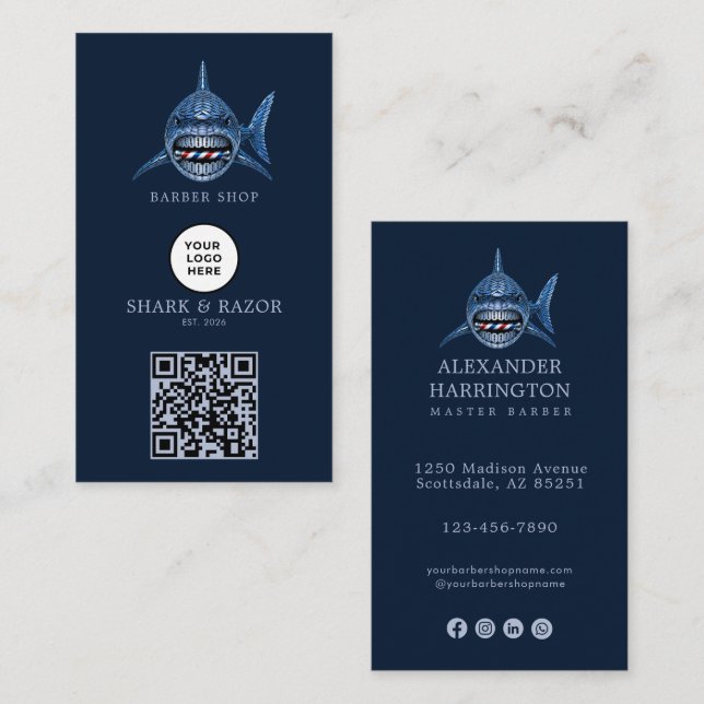 Modern stålhaj barberare butik logotyp Qr-kod Visitkort (Fram/baksida)