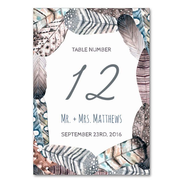 Modern stamfjädrar Bohemian Bröllop Bordsnummer (Framsidan)