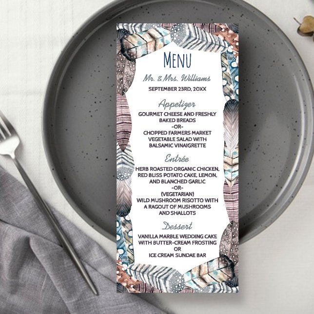 Modern stamfjädrar Bohemian Bröllop Menu Reklamkort (Skapare uppladdad)