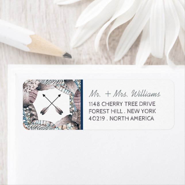 Modern stamfjädrar Bohemian Bröllop Returadress Etikett (Insitu)