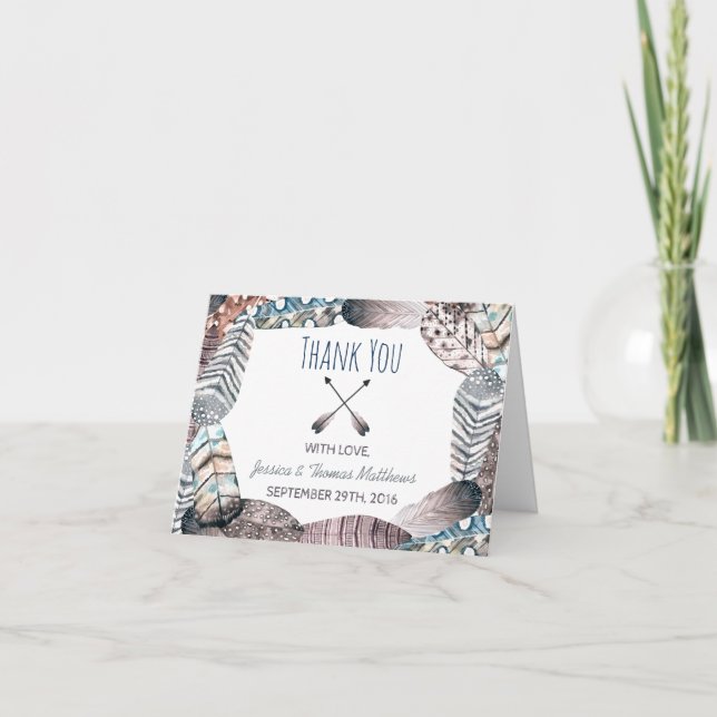 Modern stamfjädrar Bohemian Bröllop Tack Kort (Framsida)