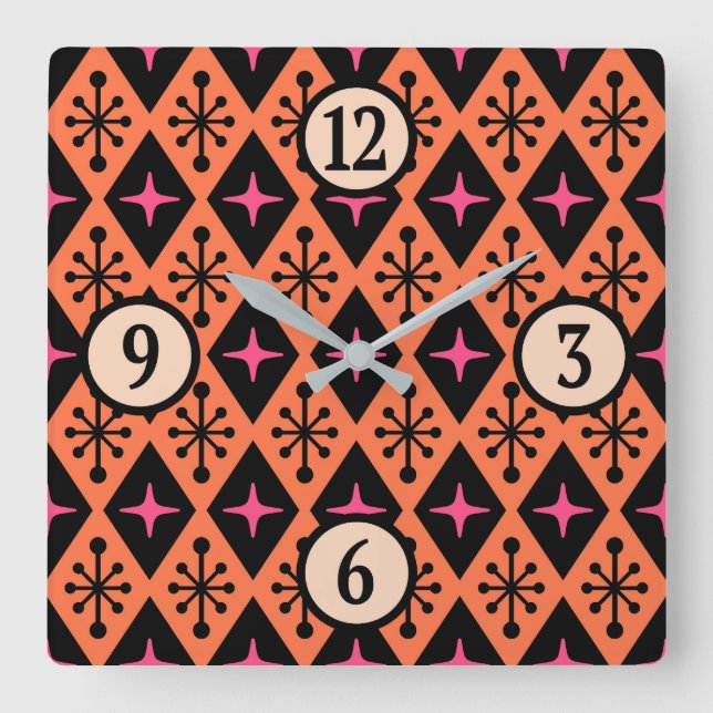 Modern Starburst Mönster i mitten av århundradet Fyrkantig Klocka (Framsida)