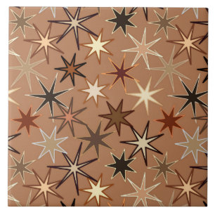 Modern Starburst Print, Coffee Brown och Beige Kakelplatta